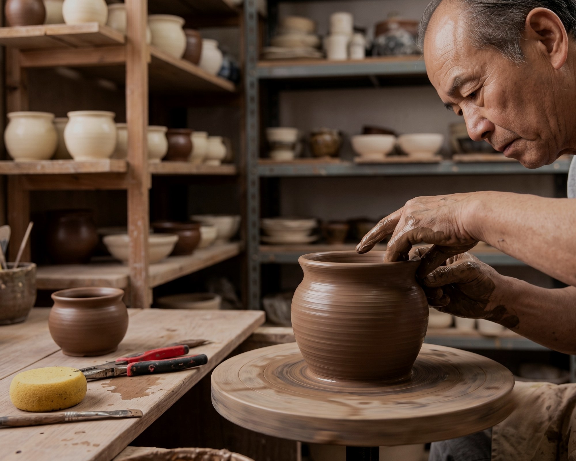 A potter throwing a bonsai pot on the wheel, shelves of finished wares behind — 成形