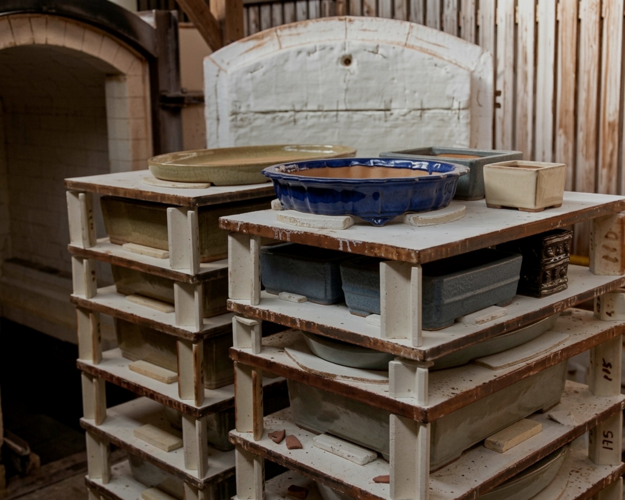 Finished glazed bonsai pots resting on kiln shelves, ready to be checked and catalogued — 検品