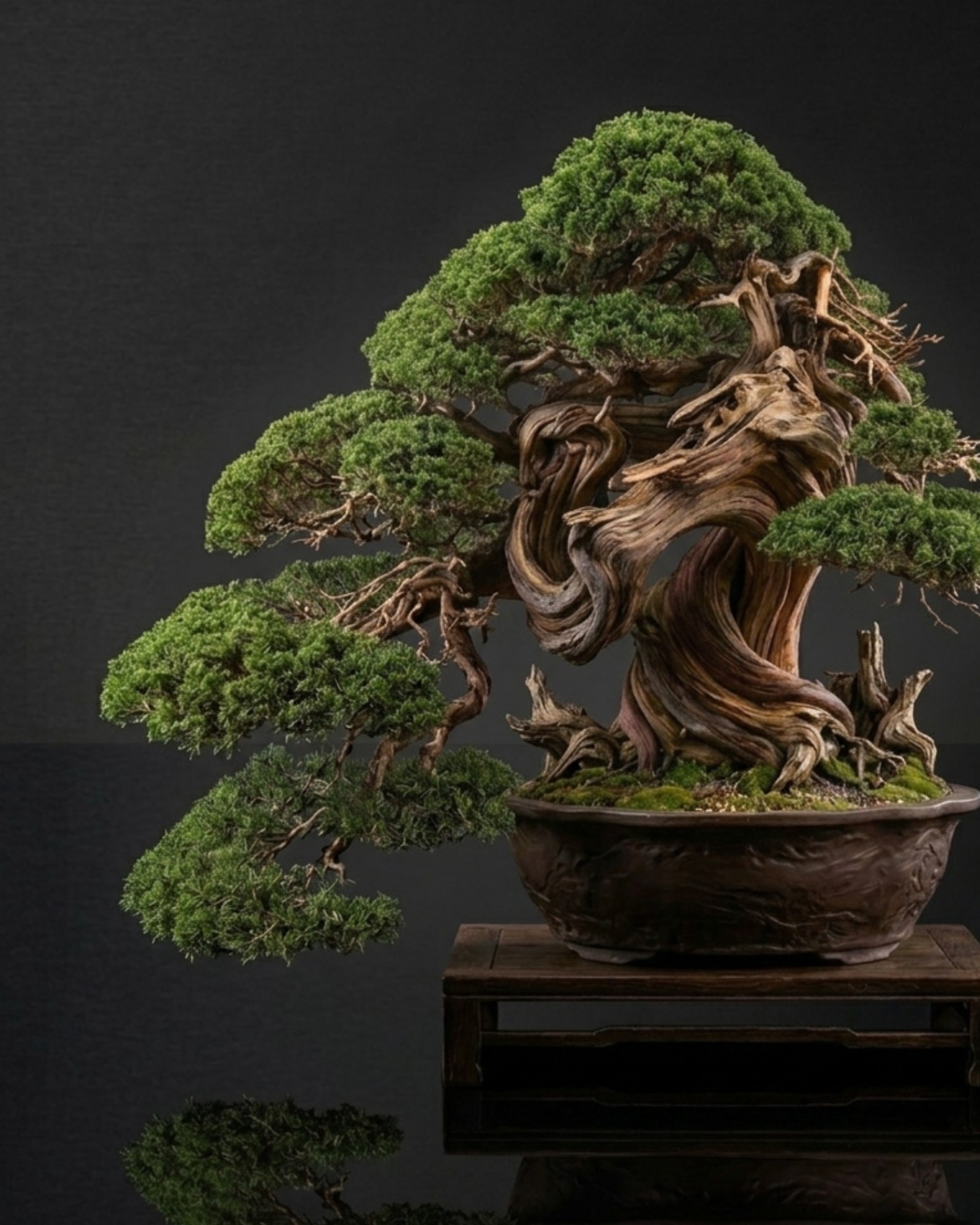 A shimpaku juniper bonsai with dramatic shari deadwood in a Tokoname oval pot on a dark stand — 真柏 舎利 常滑